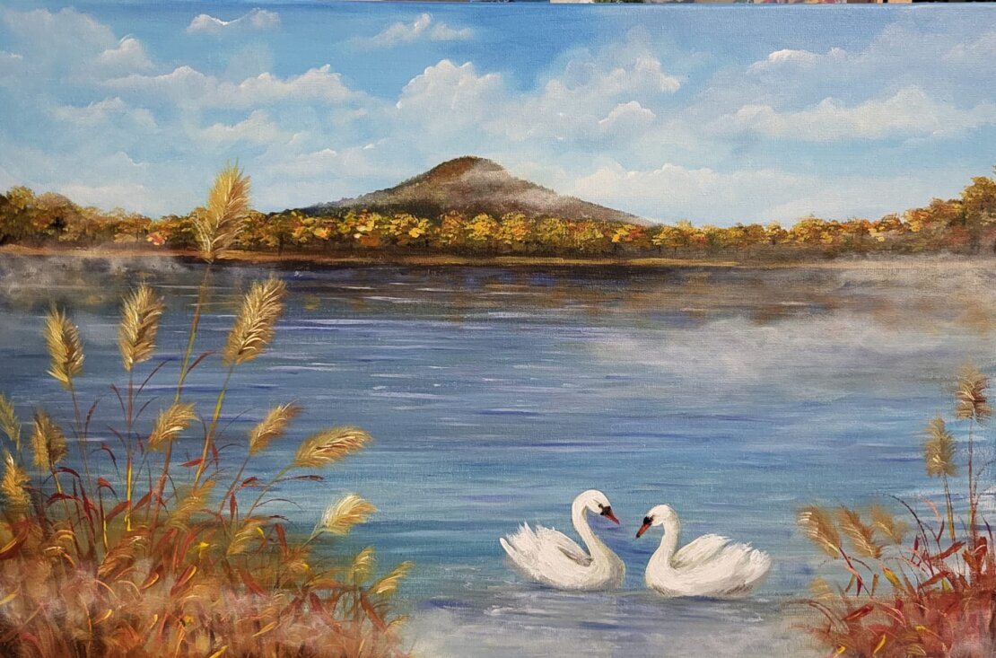 Berzdorfer See mit Landeskrone und Schwanenpaar
